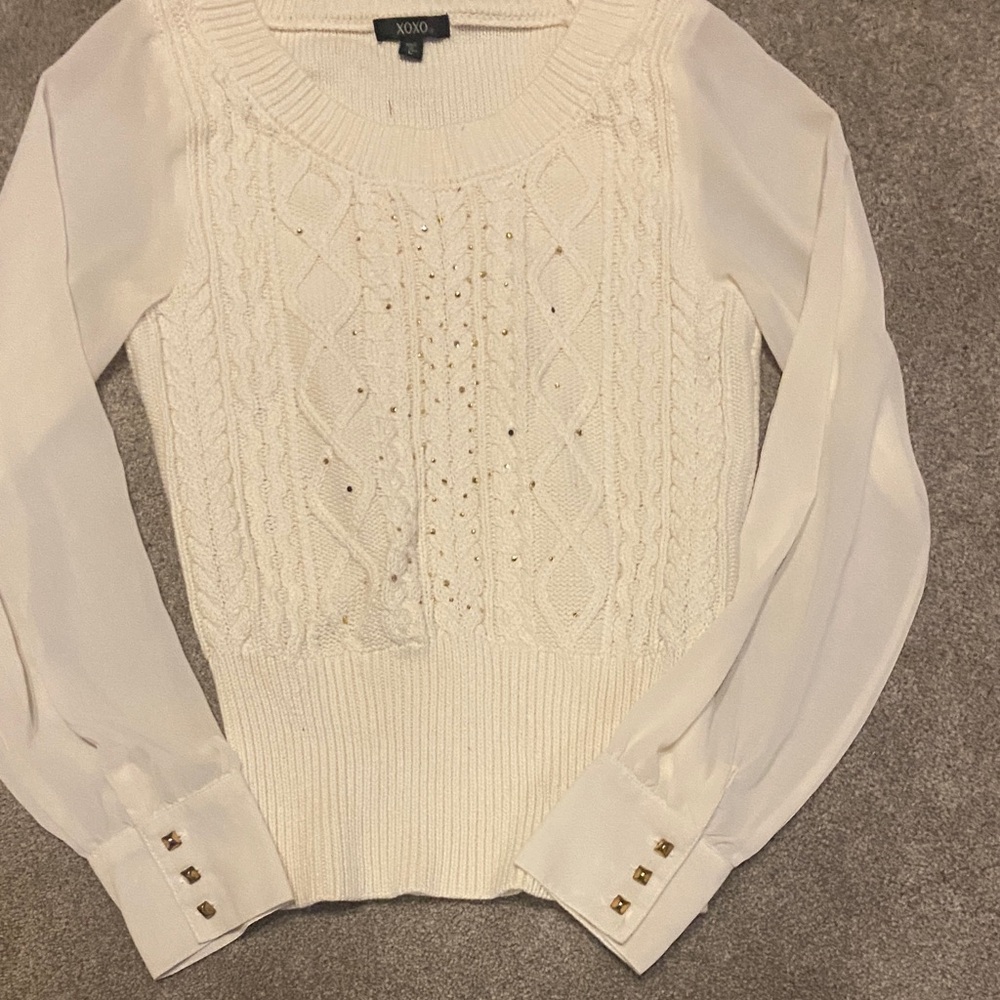 XOXO Cable Knit Sweater with Chiffon Long Sleeves